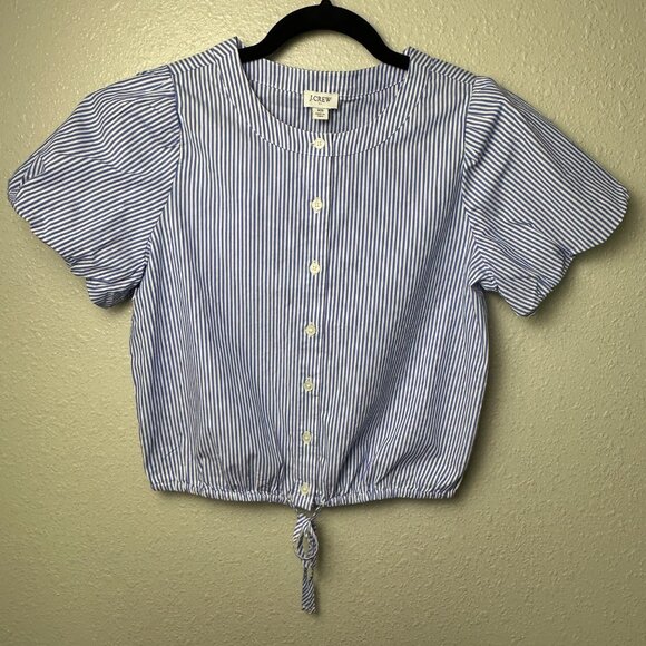 J.Crew Women’s Striped Blouse Puff-Sleeve Tie-Waist Top Banker Blue Sz XS NWT - Picture 3 of 11